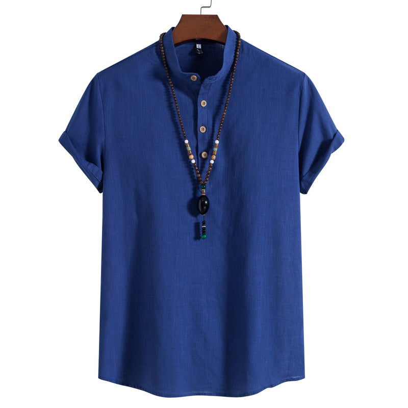 2023 Summer New Men's Chinese Style Thin Vertical Collar Cotton Linen Shirt Youth Fashion Casual Short Sleeve Shirt for Men