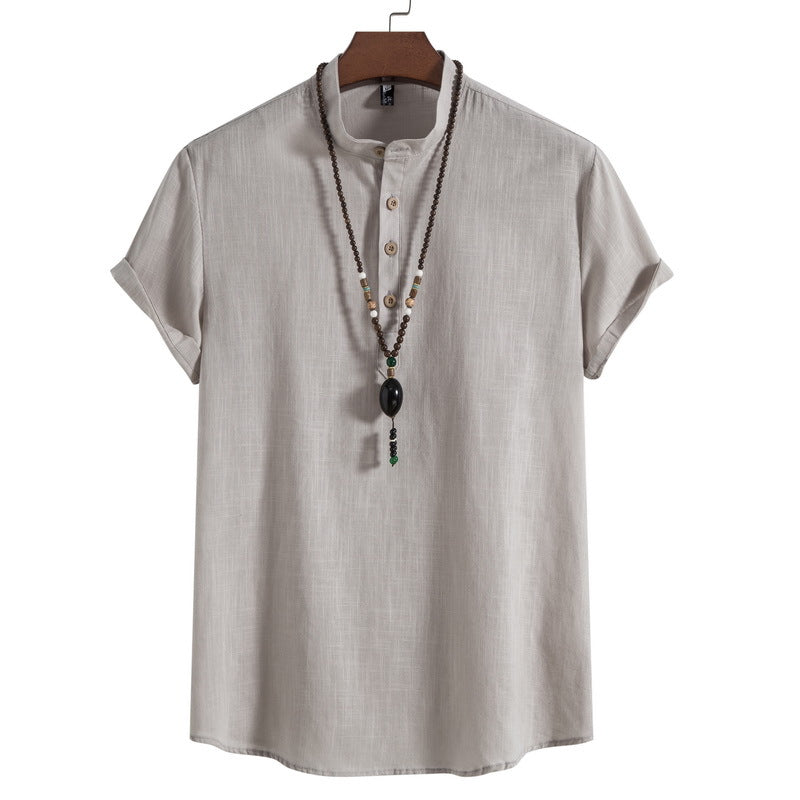 2023 Summer New Men's Chinese Style Thin Vertical Collar Cotton Linen Shirt Youth Fashion Casual Short Sleeve Shirt for Men