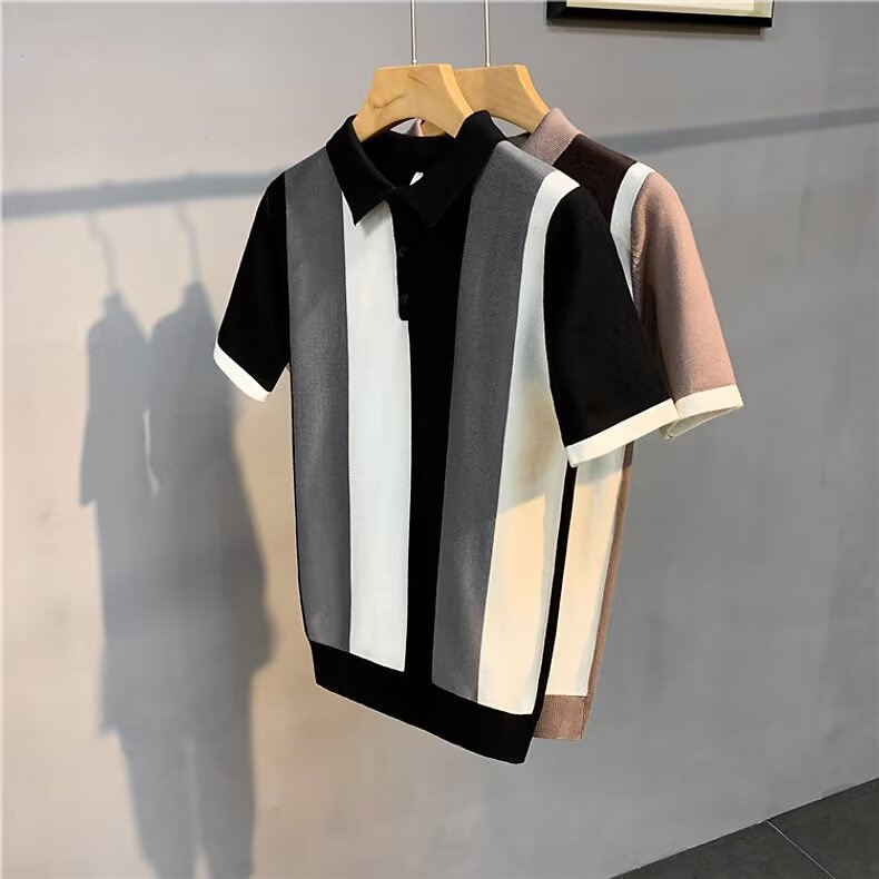 High-End Gentleman's Lapel Polo Shirt Stripesd Ice Silk Short-Sleeved Men's Summer Thin Simple T-Shirt Light and Mature Top