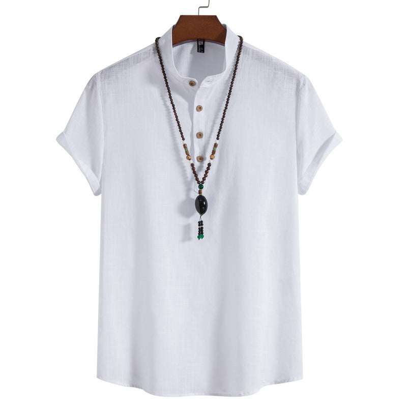 2023 Summer New Men's Chinese Style Thin Vertical Collar Cotton Linen Shirt Youth Fashion Casual Short Sleeve Shirt for Men