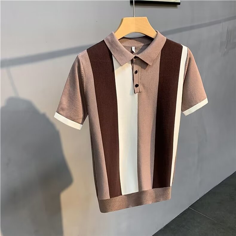 High-End Gentleman's Lapel Polo Shirt Stripesd Ice Silk Short-Sleeved Men's Summer Thin Simple T-Shirt Light and Mature Top
