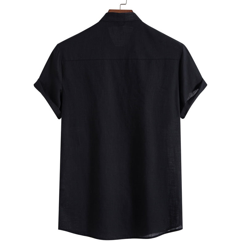 2023 Summer New Men's Chinese Style Thin Vertical Collar Cotton Linen Shirt Youth Fashion Casual Short Sleeve Shirt for Men