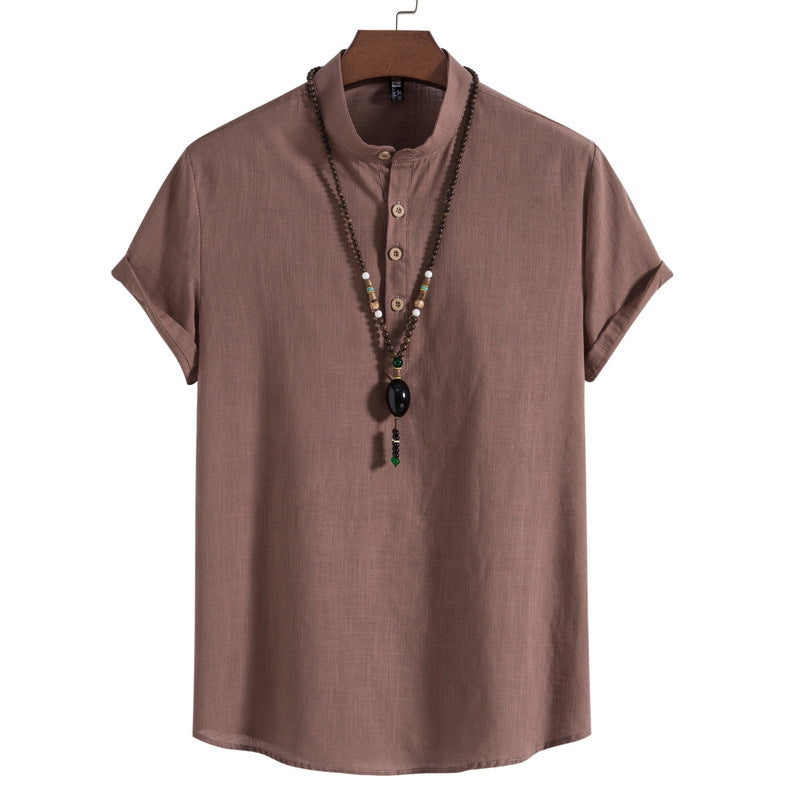 2023 Summer New Men's Chinese Style Thin Vertical Collar Cotton Linen Shirt Youth Fashion Casual Short Sleeve Shirt for Men