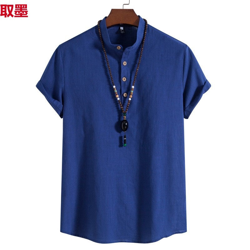 2023 Summer New Men's Chinese Style Thin Vertical Collar Cotton Linen Shirt Youth Fashion Casual Short Sleeve Shirt for Men