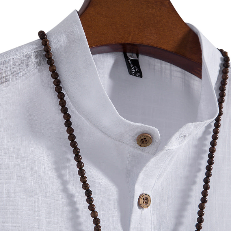 2023 Summer New Men's Chinese Style Thin Vertical Collar Cotton Linen Shirt Youth Fashion Casual Short Sleeve Shirt for Men