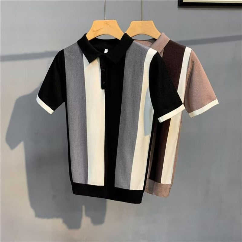 High-End Gentleman's Lapel Polo Shirt Stripesd Ice Silk Short-Sleeved Men's Summer Thin Simple T-Shirt Light and Mature Top