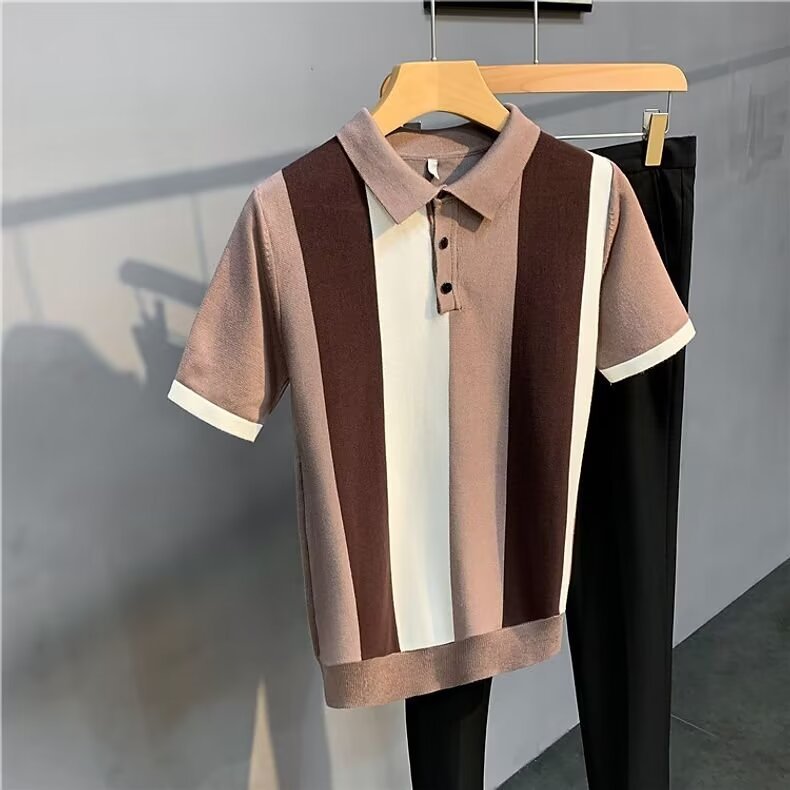 High-End Gentleman's Lapel Polo Shirt Stripesd Ice Silk Short-Sleeved Men's Summer Thin Simple T-Shirt Light and Mature Top