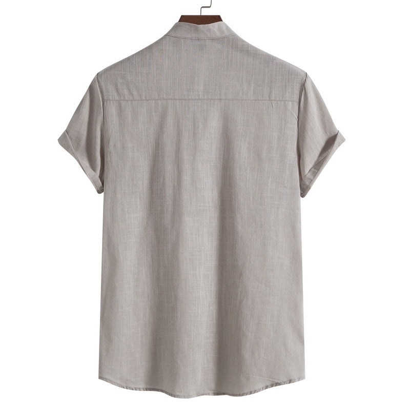 2023 Summer New Men's Chinese Style Thin Vertical Collar Cotton Linen Shirt Youth Fashion Casual Short Sleeve Shirt for Men