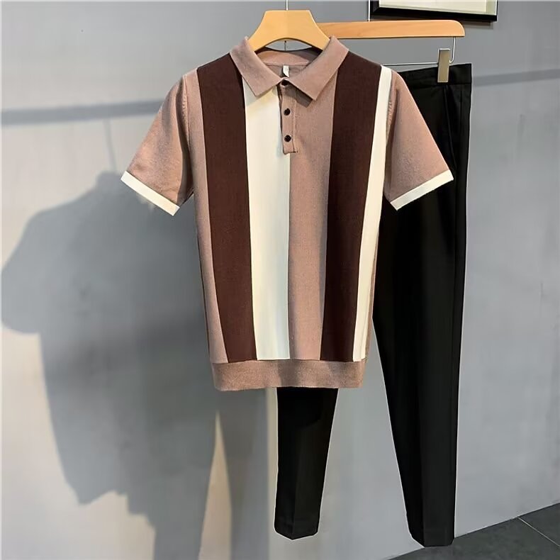 High-End Gentleman's Lapel Polo Shirt Stripesd Ice Silk Short-Sleeved Men's Summer Thin Simple T-Shirt Light and Mature Top