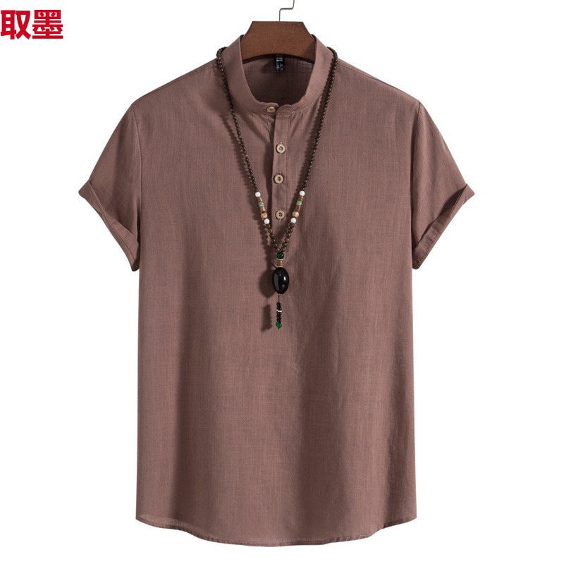 2023 Summer New Men's Chinese Style Thin Vertical Collar Cotton Linen Shirt Youth Fashion Casual Short Sleeve Shirt for Men