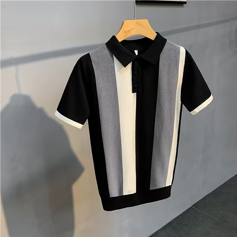 High-End Gentleman's Lapel Polo Shirt Stripesd Ice Silk Short-Sleeved Men's Summer Thin Simple T-Shirt Light and Mature Top