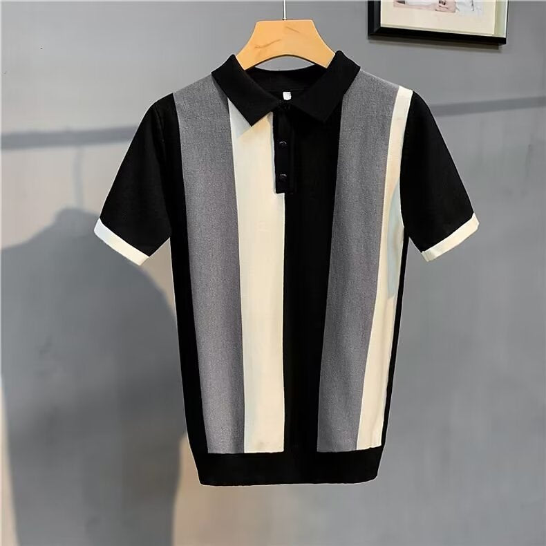 High-End Gentleman's Lapel Polo Shirt Stripesd Ice Silk Short-Sleeved Men's Summer Thin Simple T-Shirt Light and Mature Top