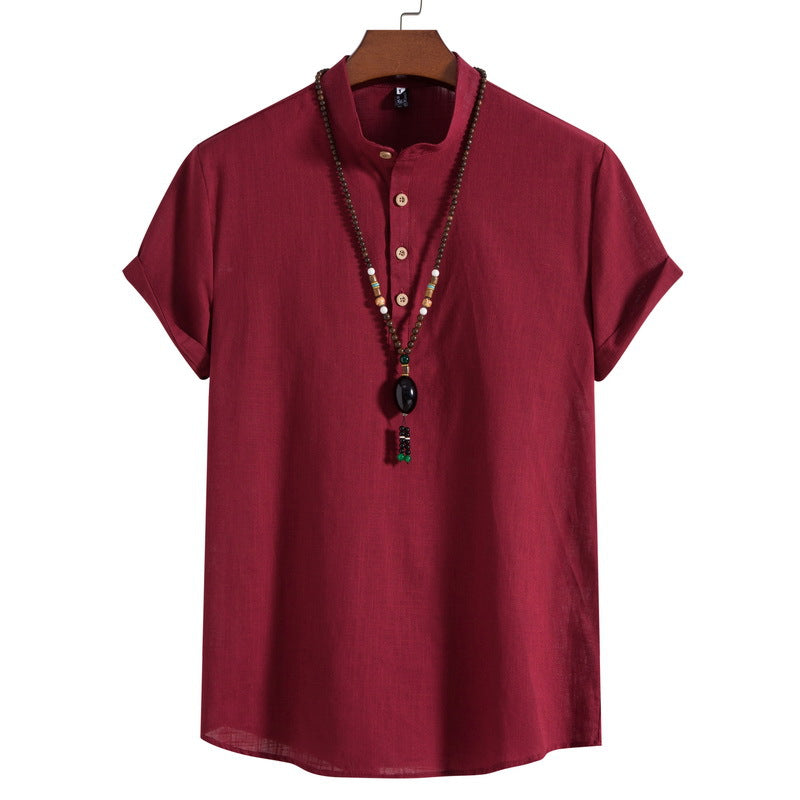 2023 Summer New Men's Chinese Style Thin Vertical Collar Cotton Linen Shirt Youth Fashion Casual Short Sleeve Shirt for Men
