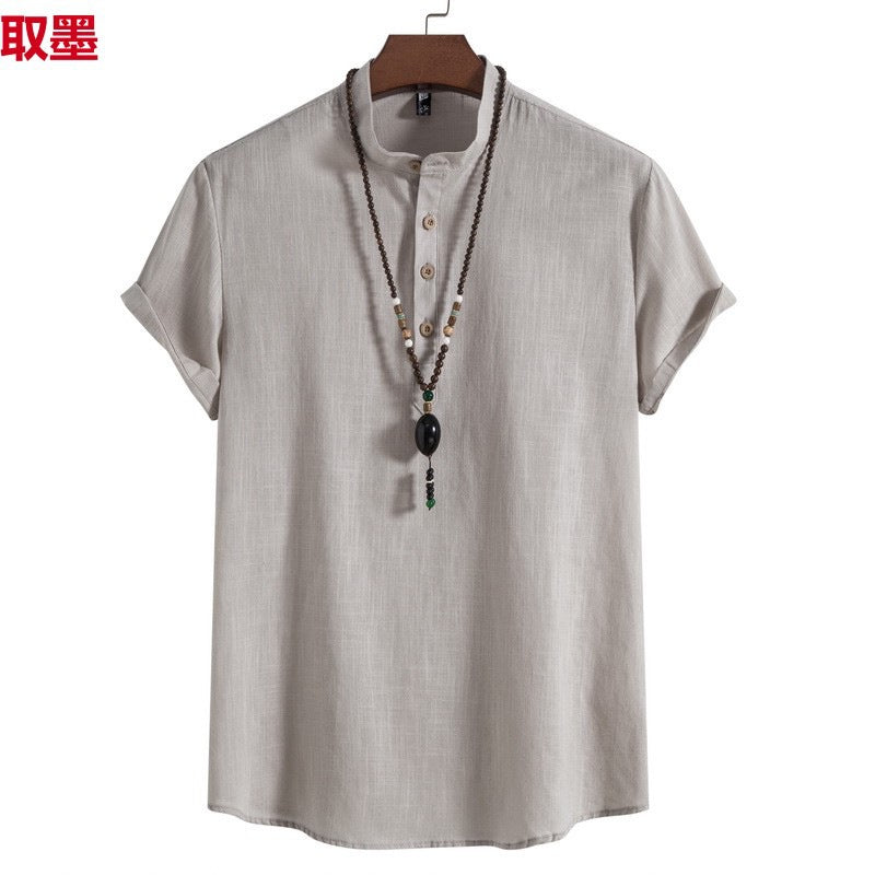 2023 Summer New Men's Chinese Style Thin Vertical Collar Cotton Linen Shirt Youth Fashion Casual Short Sleeve Shirt for Men