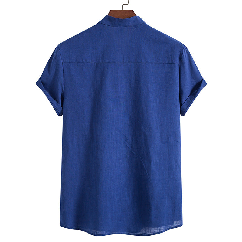 2023 Summer New Men's Chinese Style Thin Vertical Collar Cotton Linen Shirt Youth Fashion Casual Short Sleeve Shirt for Men