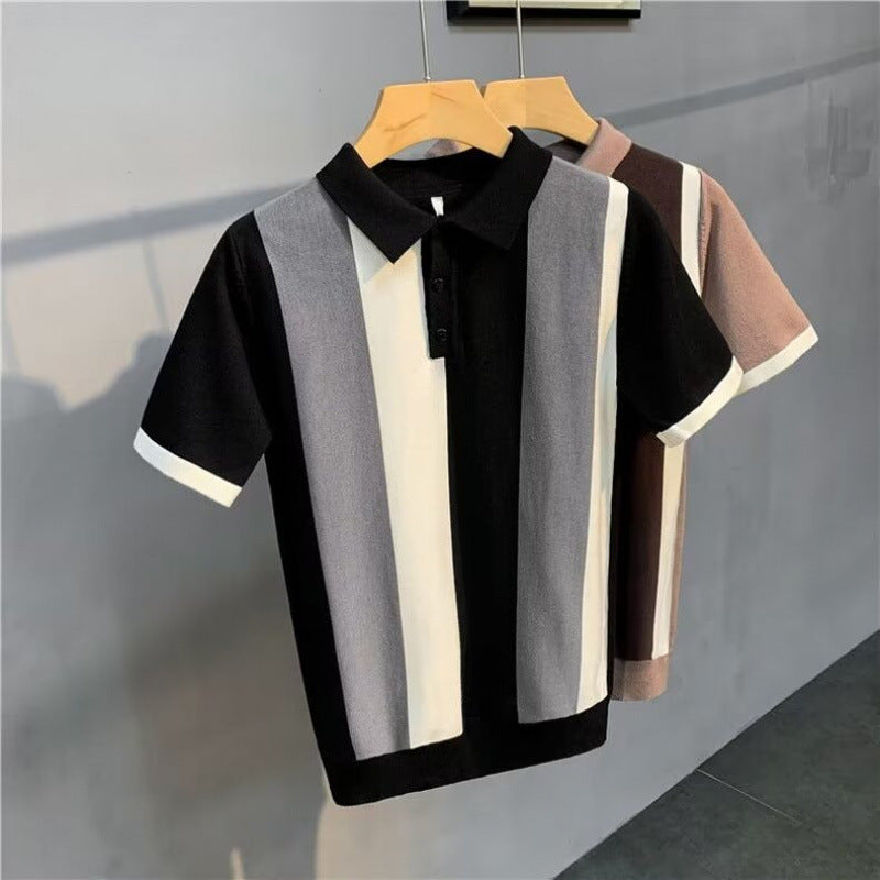 High-End Gentleman's Lapel Polo Shirt Stripesd Ice Silk Short-Sleeved Men's Summer Thin Simple T-Shirt Light and Mature Top
