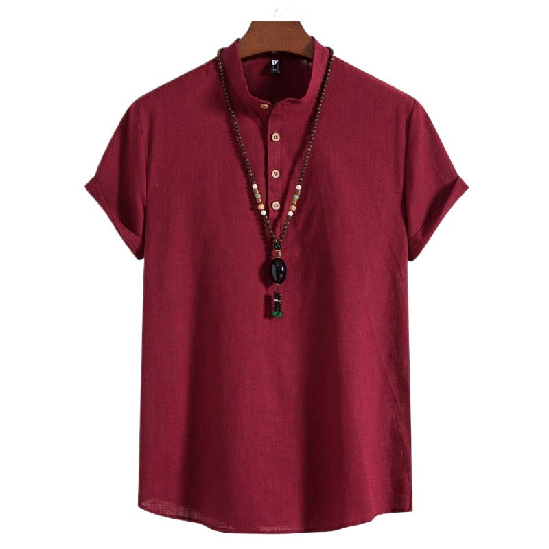 2023 Summer New Men's Chinese Style Thin Vertical Collar Cotton Linen Shirt Youth Fashion Casual Short Sleeve Shirt for Men