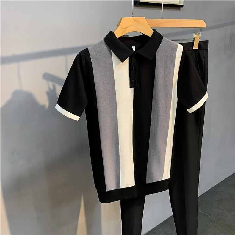 High-End Gentleman's Lapel Polo Shirt Stripesd Ice Silk Short-Sleeved Men's Summer Thin Simple T-Shirt Light and Mature Top