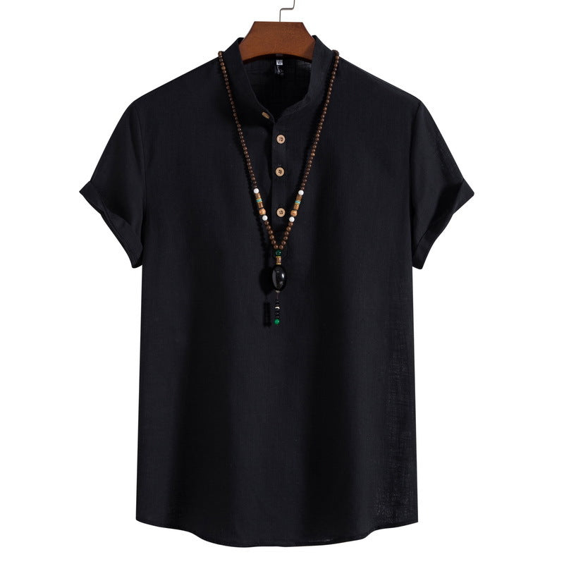 2023 Summer New Men's Chinese Style Thin Vertical Collar Cotton Linen Shirt Youth Fashion Casual Short Sleeve Shirt for Men