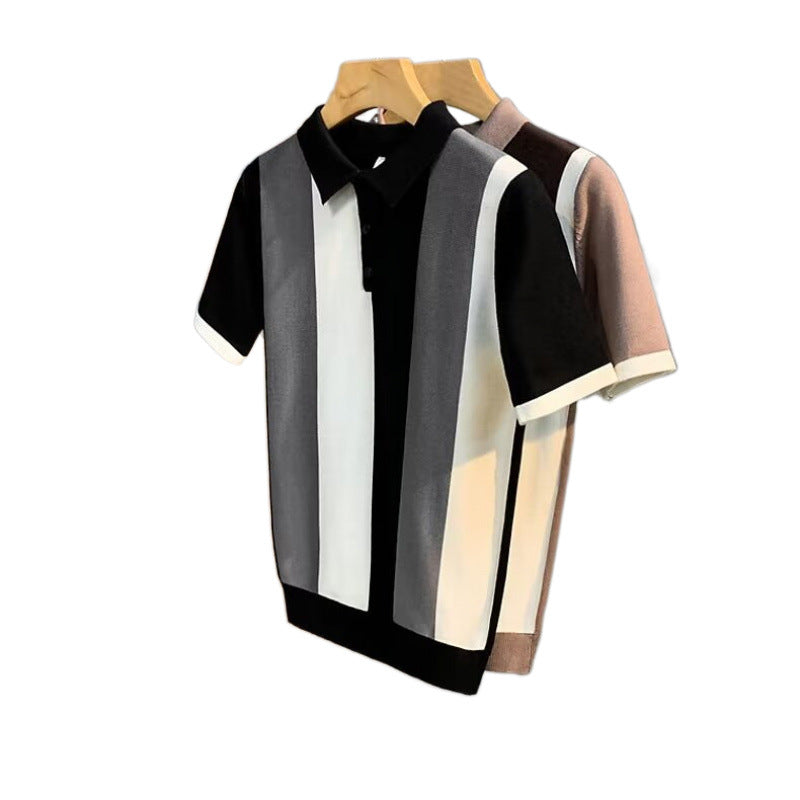 High-End Gentleman's Lapel Polo Shirt Stripesd Ice Silk Short-Sleeved Men's Summer Thin Simple T-Shirt Light and Mature Top