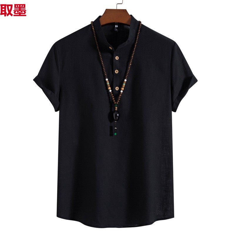 2023 Summer New Men's Chinese Style Thin Vertical Collar Cotton Linen Shirt Youth Fashion Casual Short Sleeve Shirt for Men