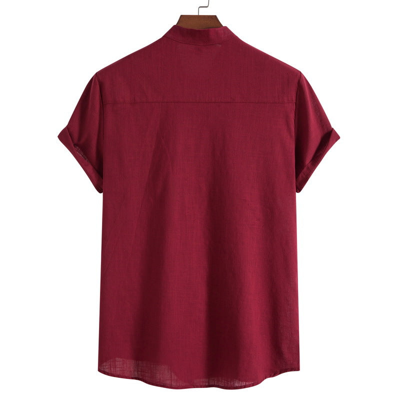 2023 Summer New Men's Chinese Style Thin Vertical Collar Cotton Linen Shirt Youth Fashion Casual Short Sleeve Shirt for Men