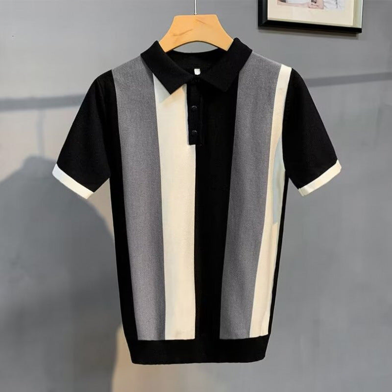 High-End Gentleman's Lapel Polo Shirt Stripesd Ice Silk Short-Sleeved Men's Summer Thin Simple T-Shirt Light and Mature Top
