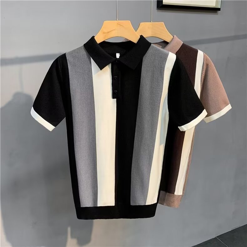 High-End Gentleman's Lapel Polo Shirt Stripesd Ice Silk Short-Sleeved Men's Summer Thin Simple T-Shirt Light and Mature Top