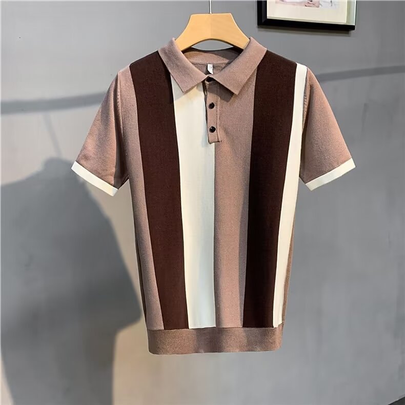 High-End Gentleman's Lapel Polo Shirt Stripesd Ice Silk Short-Sleeved Men's Summer Thin Simple T-Shirt Light and Mature Top