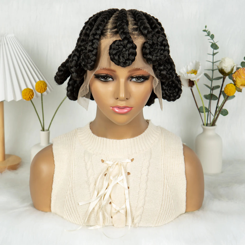 Full Lace Handmade Bantu Braided Wigs Synthetic Short Cute Braided Lace Wigs with Baby Hair Lace Front Braids Wigs for Women