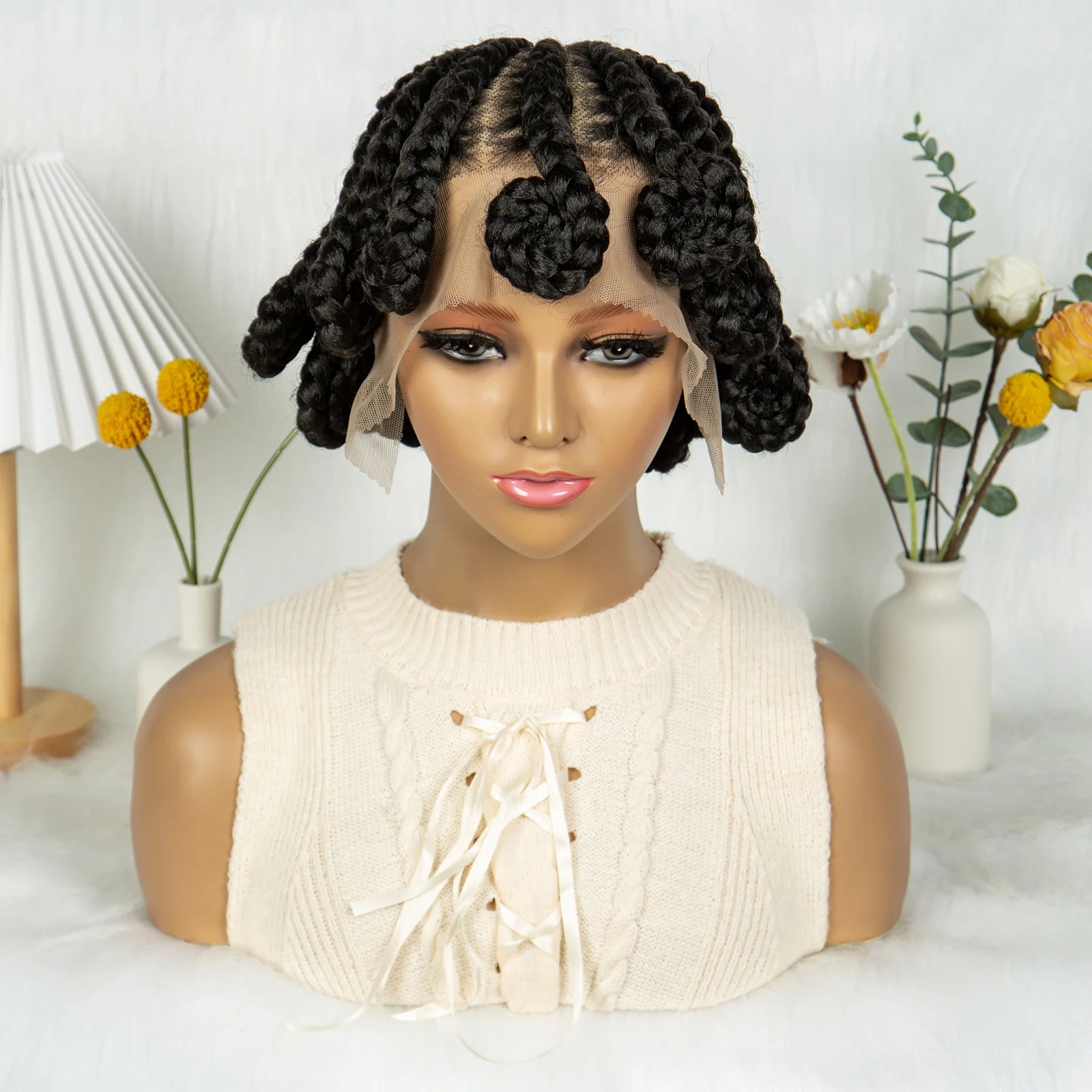Full Lace Handmade Bantu Braided Wigs Synthetic Short Cute Braided Lace Wigs with Baby Hair Lace Front Braids Wigs for Women