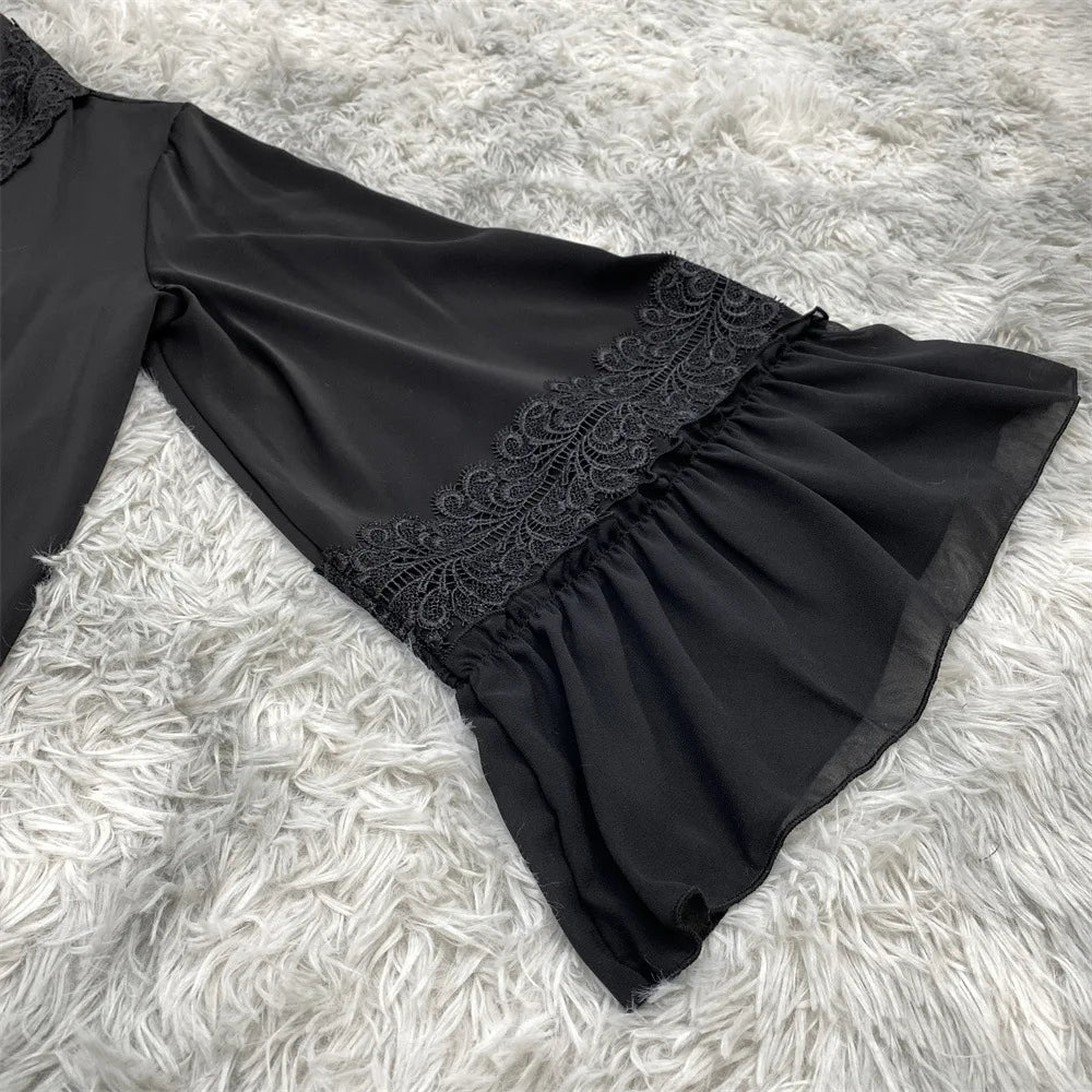 Eid Muslim Black Abaya for Women Djellaba Morocco Dress Dubai Embroidery Flare Sleeve Lace Abayas Dubai Islam Robe with Belt