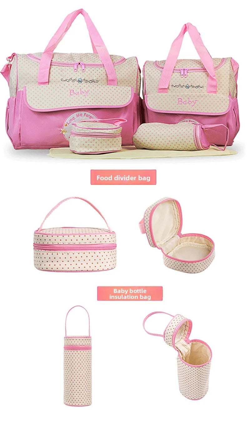 Baby Diaper Bag Large Capacity 5-piece Set Baby Diaper Storage Bag Embroidered Cartoon Fashion Multifunctional Portable Baby Bag