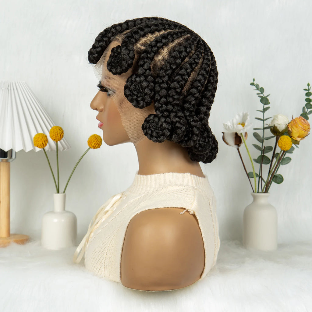 Full Lace Handmade Bantu Braided Wigs Synthetic Short Cute Braided Lace Wigs with Baby Hair Lace Front Braids Wigs for Women