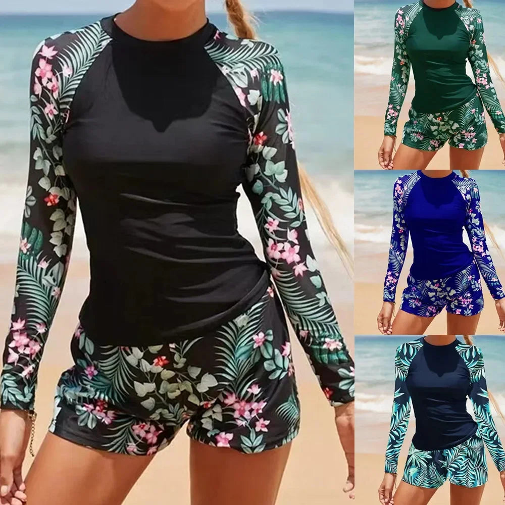 Hot Sale Of The Season New Women's Long Sleeve Digital Print Conservative Bikini Swimsuit Cross-Border Fashionable Swimwear from