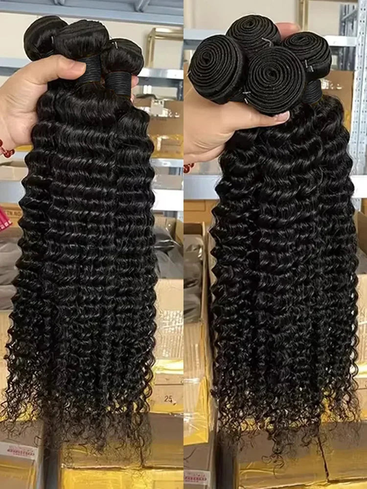 Deep Wave Human Hair Bundles Curly Hair 30Inch Brazilian Weaving Raw Virgin 100% Unprocessed Double Weft Hair Bundles Extensions