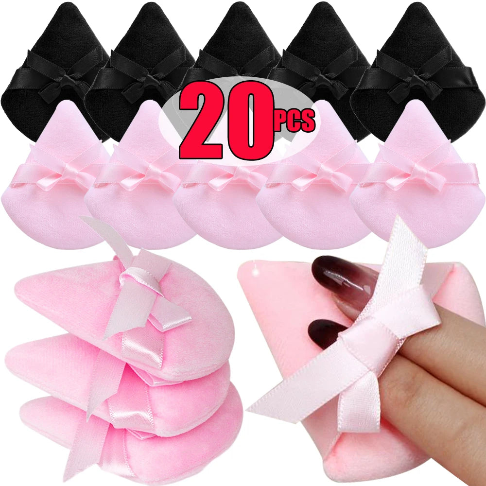 20pcs Makeup Puffs Short Fluff Bow Triangle Powder Puff Lightweight Crystal Velvet Face Eye Contouring Shadow Seal Cosmetic Puff