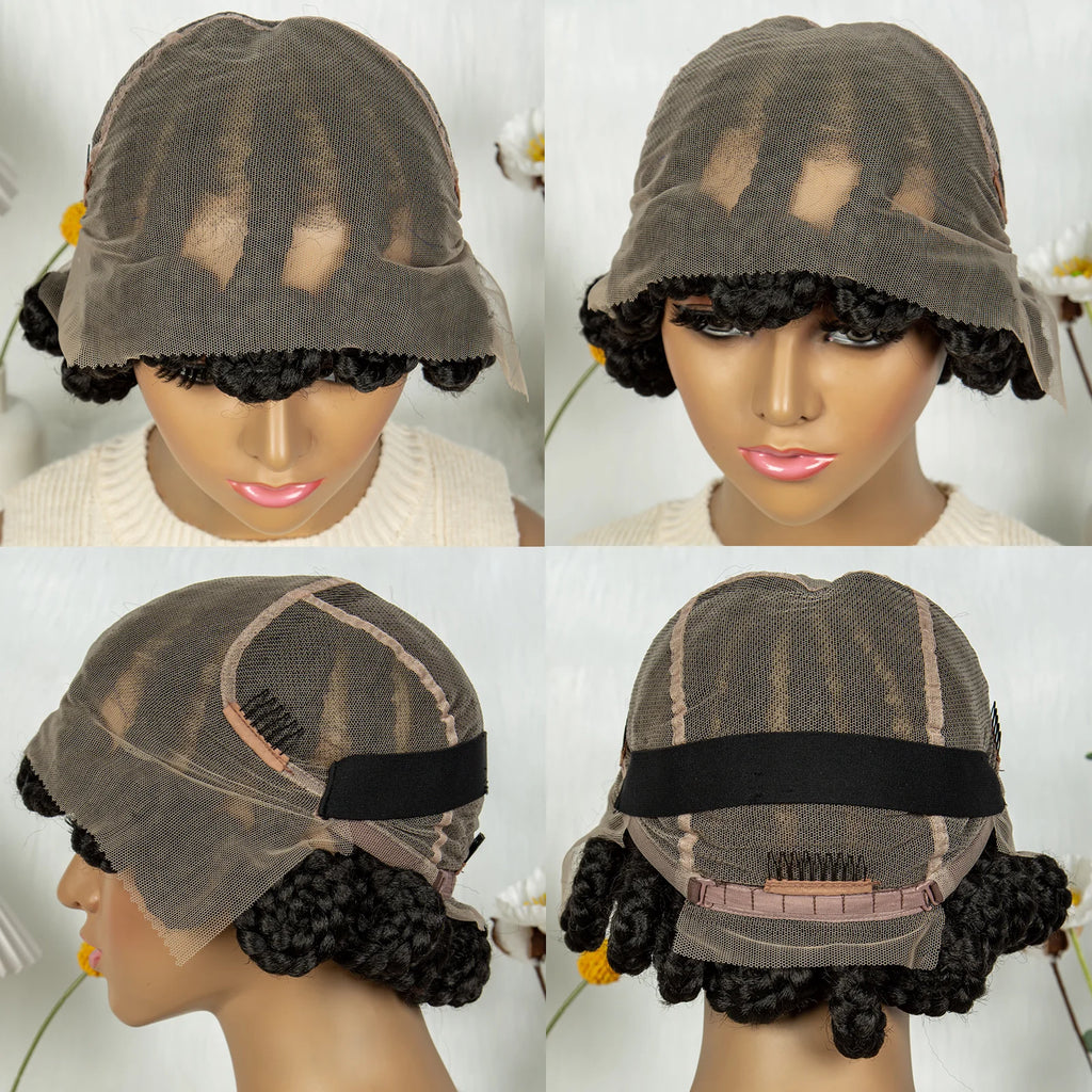 Full Lace Handmade Bantu Braided Wigs Synthetic Short Cute Braided Lace Wigs with Baby Hair Lace Front Braids Wigs for Women