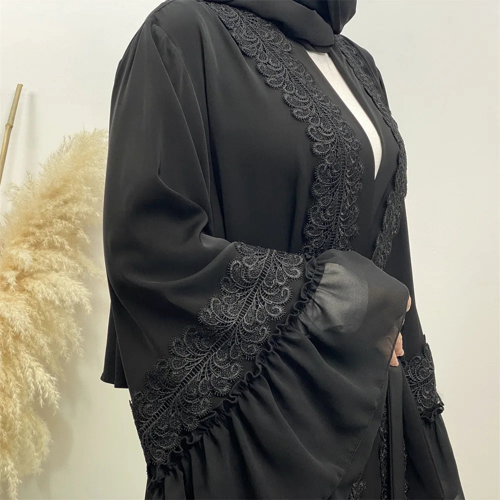 Eid Muslim Black Abaya for Women Djellaba Morocco Dress Dubai Embroidery Flare Sleeve Lace Abayas Dubai Islam Robe with Belt