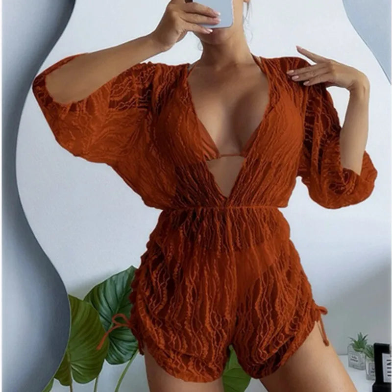 2024 New 3 Piece Bikini Set Plus Size Swimsuit Women Long Sleeve Cover Up Print Halter Swimwear Beach Wear Sexy Bathing Suit 3XL