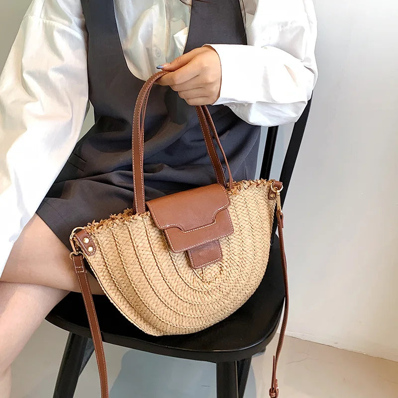 Summer Women Travel Straw Bags Rattan Shoulder Crossbdoy Bag Handmade Woven Beach Bag Female Large Capacity Saddle Handbags Tote