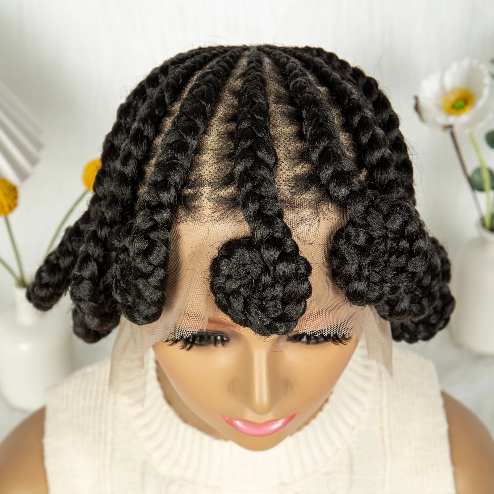 Full Lace Handmade Bantu Braided Wigs Synthetic Short Cute Braided Lace Wigs with Baby Hair Lace Front Braids Wigs for Women