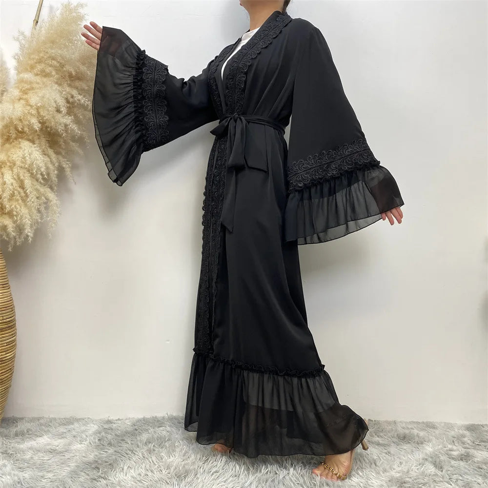 Eid Muslim Black Abaya for Women Djellaba Morocco Dress Dubai Embroidery Flare Sleeve Lace Abayas Dubai Islam Robe with Belt