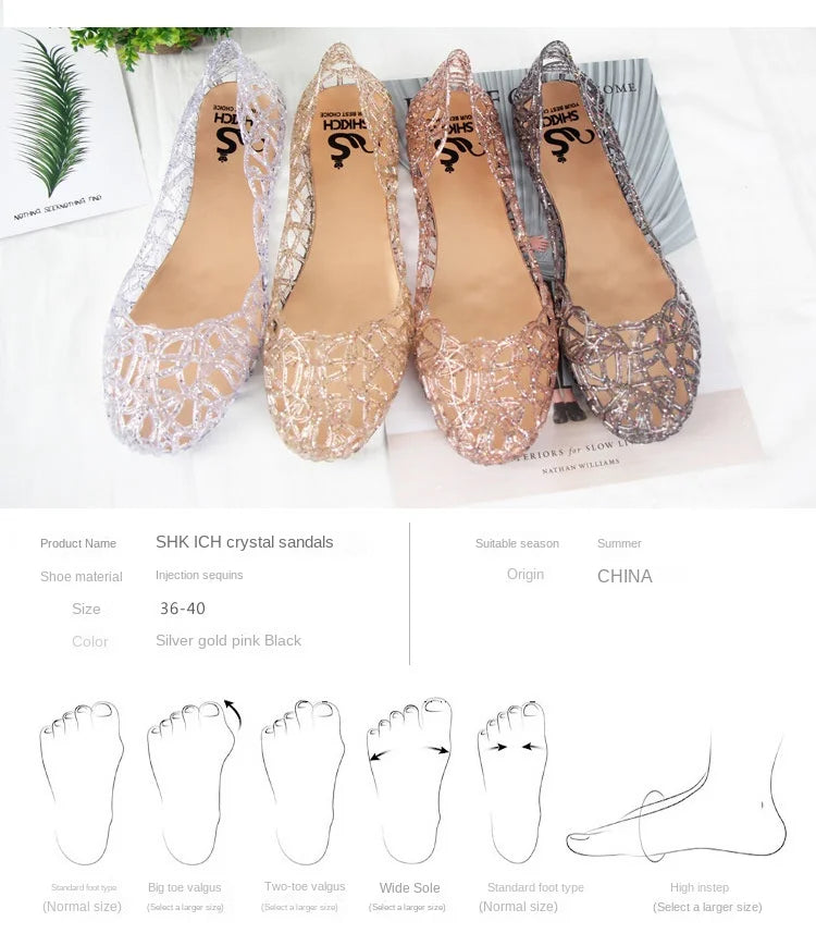 Summer women sandals flat-soled crystal clogs hollow flat-soled slip-ons shallow mouth Roman jelly shoes beach sandals