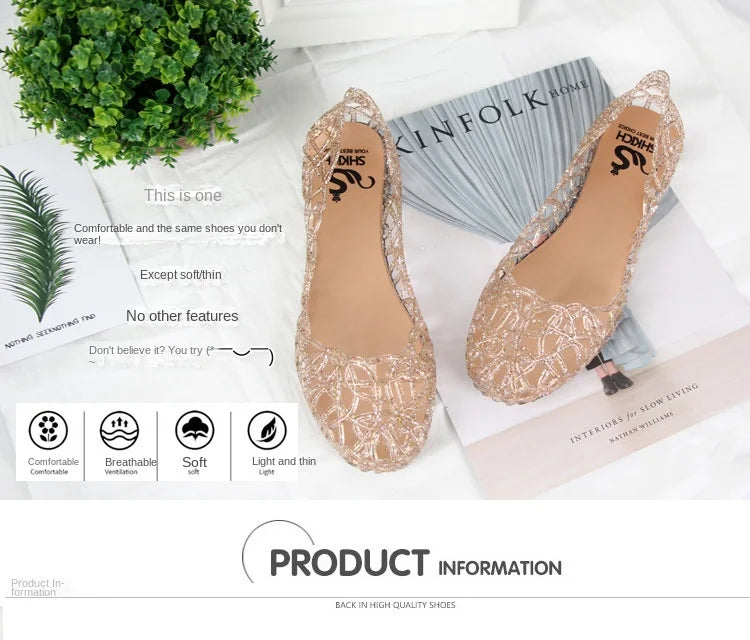 Summer women sandals flat-soled crystal clogs hollow flat-soled slip-ons shallow mouth Roman jelly shoes beach sandals