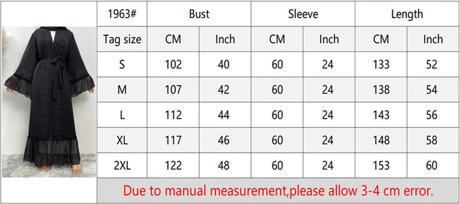 Eid Muslim Black Abaya for Women Djellaba Morocco Dress Dubai Embroidery Flare Sleeve Lace Abayas Dubai Islam Robe with Belt