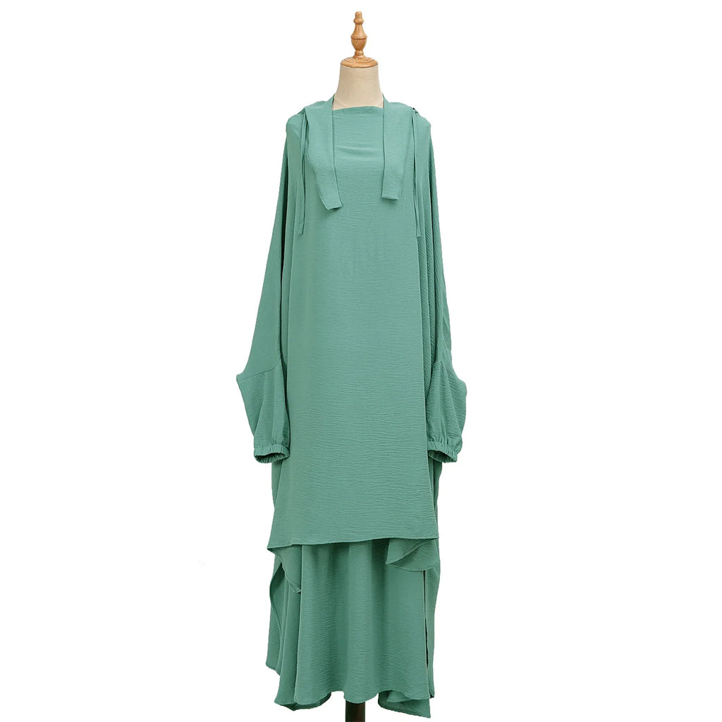 Two Piece Abaya for Woman Jilbab Prayer Set Batwing Hijab Dress Muslim Kimono Kaftan Robe Long Khimar Islam Cloth Jilbab Ramadan