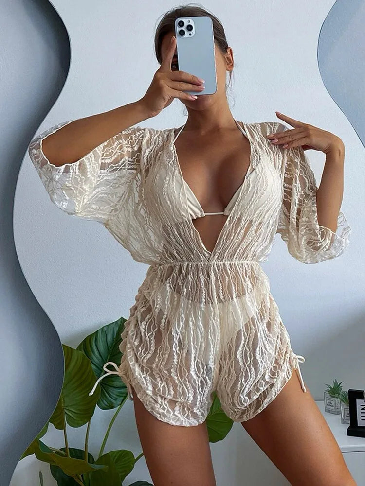 2024 New 3 Piece Bikini Set Plus Size Swimsuit Women Long Sleeve Cover Up Print Halter Swimwear Beach Wear Sexy Bathing Suit 3XL