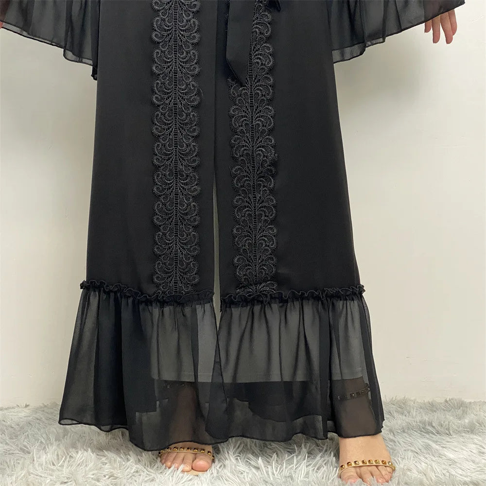 Eid Muslim Black Abaya for Women Djellaba Morocco Dress Dubai Embroidery Flare Sleeve Lace Abayas Dubai Islam Robe with Belt