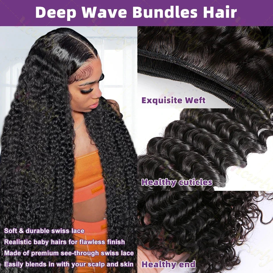 Deep Wave Human Hair Bundles Curly Hair 30Inch Brazilian Weaving Raw Virgin 100% Unprocessed Double Weft Hair Bundles Extensions